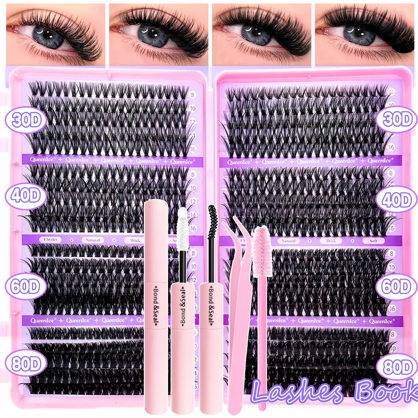 DIY Lash Extension Kit Clusters Individual Eyelashes Kit 9-16mm with Bond and Seal Wispy Natural Mange Lashes